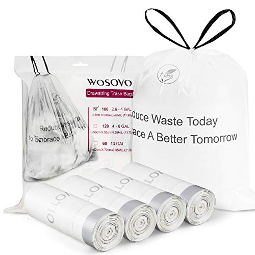 Book Cover WOSOVO 2.6-4 Gallon Trash Bags Drawstring Bedroom Kitchen Unscented Small Garbage Bags 120 Count Home Office Wastebasket Bags