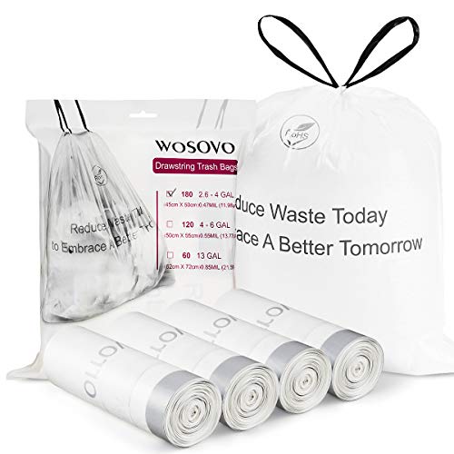 WOSOVO 2.6-4 Gallon Trash Bags Drawstring Bedroom Kitchen Unscented Small Garbage Bags 120 Count Home Office Wastebasket Bags