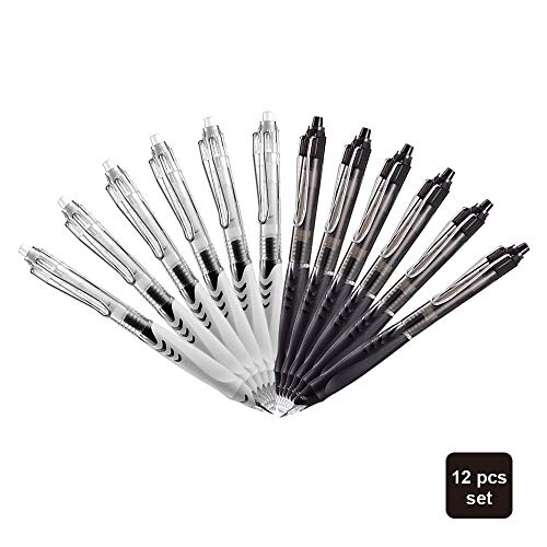Comix Retractable Premium Gel Ink Roller Ball Pens, 12pcs per Pack, Black Ink, Black and White Barrel Assorted