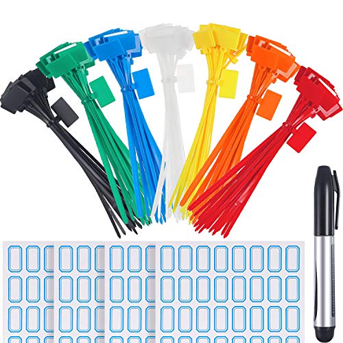 140 Pieces 6 Inch Nylon Cable Marker Ties Self Locking Cord Tags Wire Labels Ethernet Cable Labels Wire Straps with Marker Pen and 128 Pcs White Self Adhesive Cable Labels for Home and Office Use