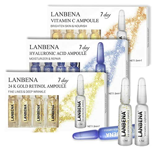 LANBENA Vitamin C Serum Hyaluronic Acid Serum Retinol 24K Gold Serum Ampoule for Face Skin Care - Anti Wrinkle, Anti Aging, Moisturizing (VC + HA + 24K Gold)
