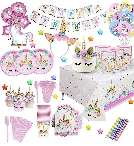 179 Piece Unicorn Party Supplies Set by Rovercci - Premium Unicorn Birthday Party Decorations, Girls Birthday Supplies with Balloons, Banners, Tableware, Decorations & Goody Bags â€“ for 16 Guests
