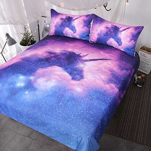 BlessLiving Galaxy Unicorn Bedding Kids Girls Psychedelic Space Duvet Cover 3 Piece Pink Purple Sparkly Unicorn Bedspread (Full)