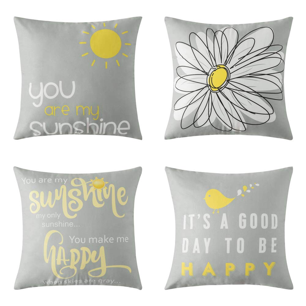 MIULEE Pack of 4 Decorative Cute Throw Pillow Covers Yellow On Grey Cushion Case Outdoor Shell Pillow Case for Car Sofa Bed Couch 18 x 18 Inch (Bird Sunshine Flower)
