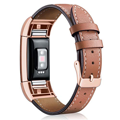 Mornex Replacement Leather Band Compatible with Fitbit Charge 2, Classic Genuine Leather Wristband for Men Women(Brown-Rosegold Buckle)