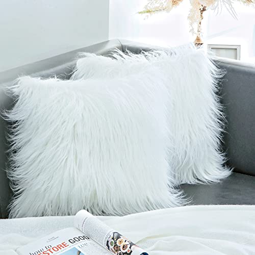 Book Cover OurWarm Set of 2 White Fur Throw Pillows Fluffy Pillow Covers 18