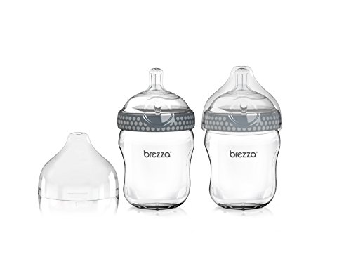 Baby Brezza Two Piece Natural Glass Bottle with Lid - Ergonomic, Wide Neck Design Makes it The Easiest to Clean - Modern Look - Anti-Colic, 8 Ounce Size - 2 Bottles, Grey