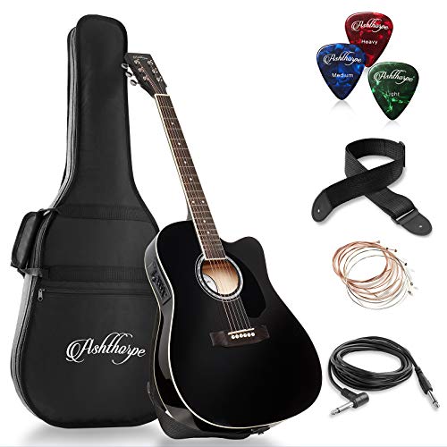 Book Cover Ashthorpe Full-Size Cutaway Thinline Acoustic-Electric Guitar Package - Premium Tonewoods - Black
