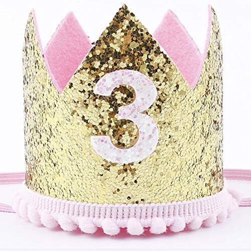 Book Cover Finduat Baby Girl Third 3 Birthday Crown Hat, Baby Girl Crown Tiara Headbands Party Hat for Baby Girl 3rd Birthday Party Supplies