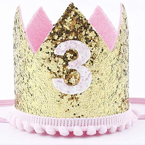 Finduat Baby Girl Third 3 Birthday Crown Hat, Baby Girl Crown Tiara Headbands Party Hat for Baby Girl 3rd Birthday Party Supplies