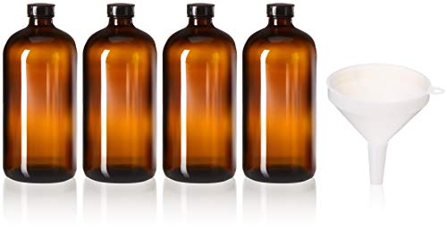 4 Pack - 32oz Boston Round Amber Glass Growler Kombucha Bottles- with Phenolic Poly Cone Insert Caps - Tight Seal for Secondary Kombucha Fermentation - with Plastic Funnel for Easy Pouring