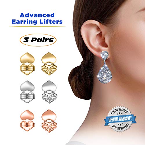 Book Cover Advanced Premium Quality Earring Lifters | Back Lobe Ear Support | 3-Pair Set of Piercing Ear Lobe Back Lift | Sterling Silver, 18K Gold Plated and Rose Gold for Ear Lobe Reinforcement | Plus Bonus