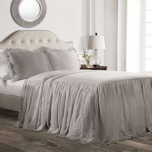 Lush Decor Ruffle Skirt Bedspread Gray Shabby Chic Farmhouse Style Lightweight 3 Piece Set, Full