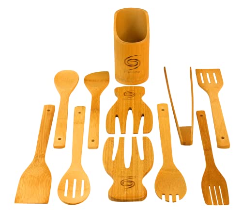 Bamboo Cooking Utensil Set Includes 11 Piece Organic Serving Utensils with Salad Tongs Reusable Eco-Friendly Scratch Resistant Perfectly Completes any Kitchen - Grand Sierra Designs