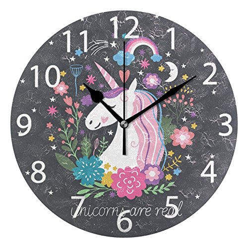 Book Cover ALAZA Cute Unicorn with Rainbow Stars Round Acrylic Wall Clock, Silent Non Ticking Oil Painting Home Office School Decorative Clock Art