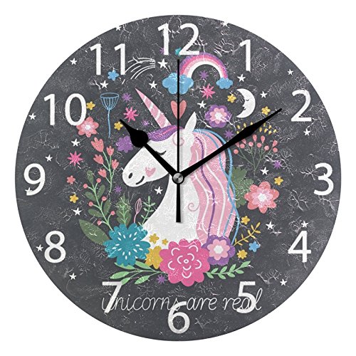 ABLINK Cute Unicorn with Rainbow Stars Round Wall Clock, Silent Non Ticking Oil Painting Home Office School Decorative Clock Art