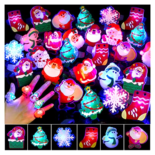 Coluans Christmas Stocking Stuffer 50Pcs Christmas Party Favors for Kid Christmas LED Ring Light Up Rings Christmas Toys Glow in The Dark LED Flash Rings Non Candy Gift Bag Fillers NEW VERSION
