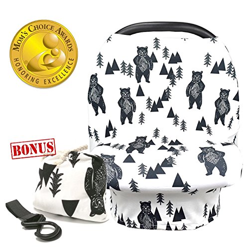 Multi-Use Nursing Cover Baby Car Seat Canopy Shopping Cart Stroller Cover Stretchy Ultra Soft Infant Breastfeeding and Infinity Scarf Gift for New Mom (Bears)