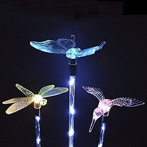 Garden Solar Lights Outdoor Decorative - 3 Pack Multi-Color Changing LED Landscape Solar Lights, with a White LED Stake Light Butterfly Hummingbird Dragonfly for Garden Patio Pathway Backyard