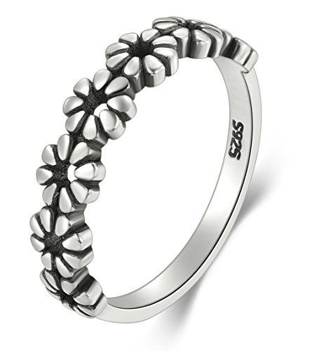 BORUO 925 Sterling Silver Ring, Daisy Flower Hawaiian High Polish Plain Dome Tarnish Resistant Comfort Fit Wedding Band Ring Size 9