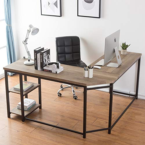 Furnichoi L-Shaped Computer Desk, Industrial Wood and Metal Sturdy Corner Desk with Shelves, for Home Office 59 inch