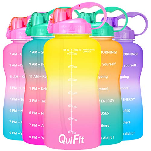 QuiFit Motivational Gallon Water Bottle - with Straw & Time Marker,BPA Free Reusable Large Leakproof Portable Water Jug,for Fitness Camping Outdoor Sports