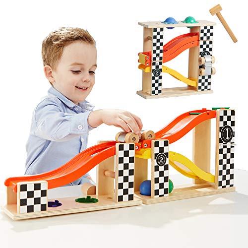 TOP BRIGHT Toddler Wooden Toys for 1 2 Year Old Boy Gifts Car Ramp Racer, Hammer Ball Pound and roll Tower Toy for 18 Month and up