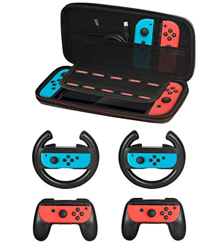 Accessories Kit for Nintendo Switch Games Starter, 2X Steering Wheel, 2X Grip Kit, 1x Travel Carry Case(5 in 1 Black)