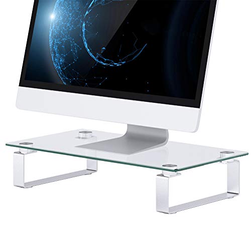 Glass Monitor Stand - Tempered Glass Computer Monitor Stand Riser with 15.1x 8.2 Platform & 3 Inch Height, Holds up to 44 lbs, Ergonomic Screen Holder by HUANUO