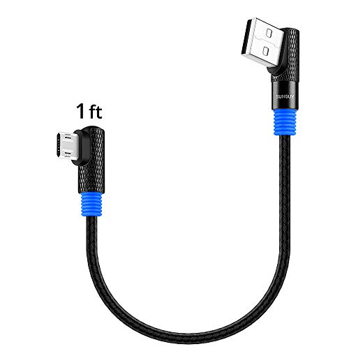 SUNGUY Right Angle Micro USB Cable,1ft/0.3m 90 Degree Braided Reversible Fast Charging & Data Sync Cord for Samsung Galaxy S6 S7 Edge/Note 5,Motorola Moto G5 G5S Plus,Sony Xperia Z3 Z5 (Blue)