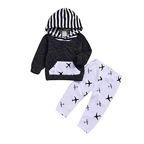 XiaoReddou Toddler Infant Baby Airplane Long Sleeve Hoodie Tops Sweatsuit Pants Outfit Set (Gray, White, 0-6months)