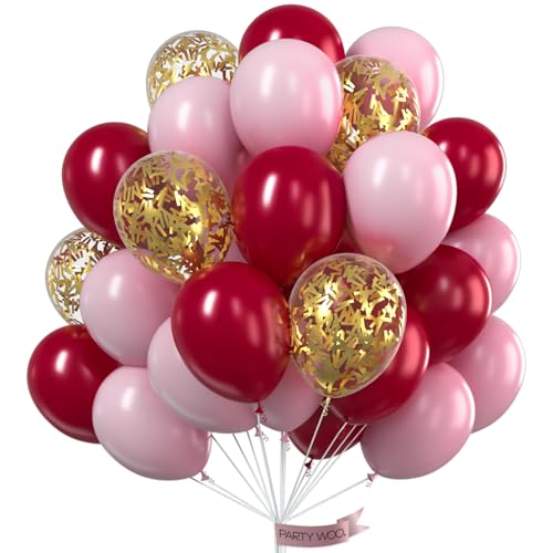 PartyWoo Pink Gold and Burgundy Balloons, 60 pcs Burgundy Balloons, Baby Pink Balloons, Gold glitter Balloons for Burgundy Bridal Shower, Burgundy and Gold Party Decorations, Burgundy Wedding Decors