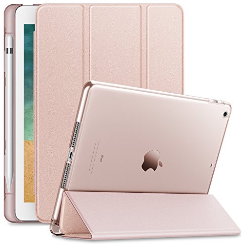 Infiland iPad 9.7 2018 Case with Apple Pencil Holder, Stand Case with Translucent Frosted Back Smart Cover Compatible with Apple iPad 9.7inch (6th Gen) 2018 Release, Rose-Gold