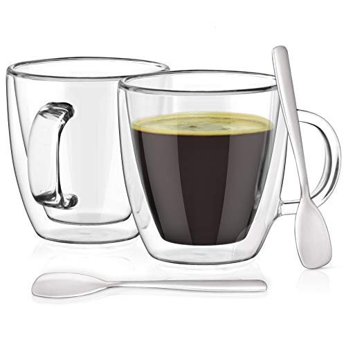 Espresso Cups with Espresso Paddles. Fits ALL Nespresso Machines. 5.4 oz Espresso Glasses (set of 2). Insulated Double Wall Thermo Mugs by Dewstone