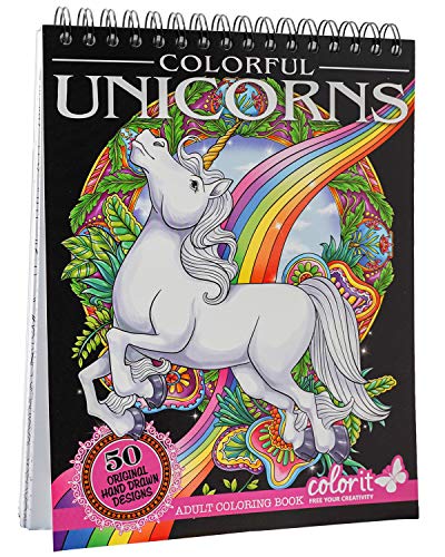 Book Cover ColorIt Colorful Unicorns Adult Coloring Book - 50 Single-Sided Pages, Thick Smooth Paper, Lay Flat Hardback Covers, Spiral Bound, USA Printed, Hand Drawn Unicorn Coloring Pages