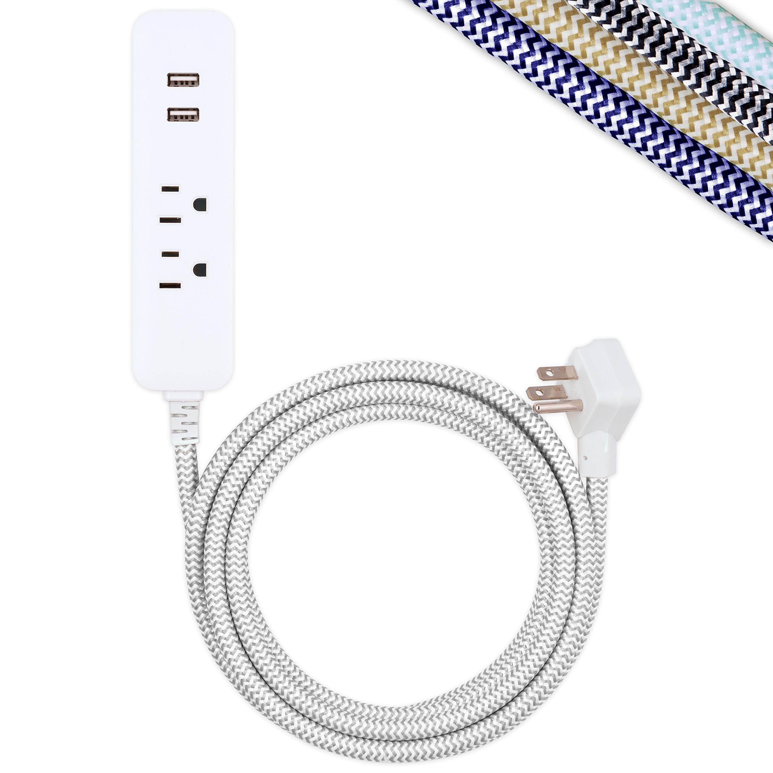 Cordinate Designer 2-Outlet Power Strip with 2 USB Ports, 10 Ft Braided Extension Cord, 2.4A Fast Charge, Surge Protection, Low-Profile Flat Plug, UL Listed, Gray/White, 41691