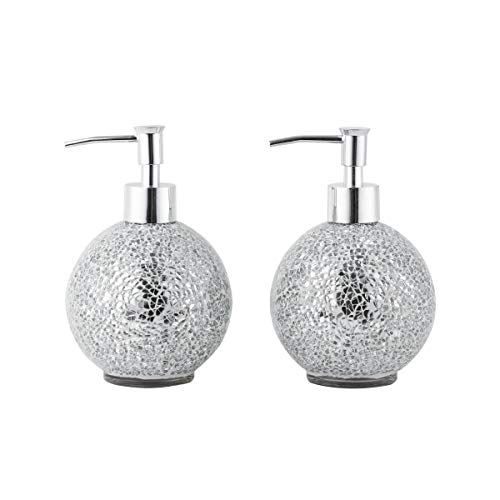 Book Cover Glass Mosaic Hand Soap Dispenser-Lotion Bottle with Chrome Plated Plastic Pump-14 Ounce Set of 2 (Silver))