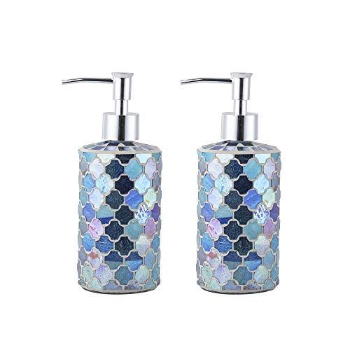 WH Housewares Set of 2 Soap Dispenser-Lotion Bottle-12OZ-Mosaic Glass with Chrome Plated Plastic Pump(Blue-Multi)