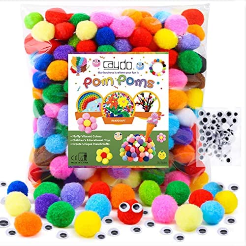 Caydo [400 pcs] - 300 Pieces 1 Inch Assorted Pompoms with 100pieces Wiggle Eyes Multicolor Arts and Crafts Pom Poms Balls for Kids DIY Art Creative Crafts Decorations Multi-colored 1inch