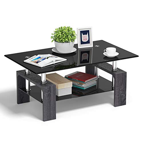 Tangkula Glass Coffee Table Modern Simple Style Rectangular Wood Legs End Side Table Living Room Home Furniture with Shelf (Black)