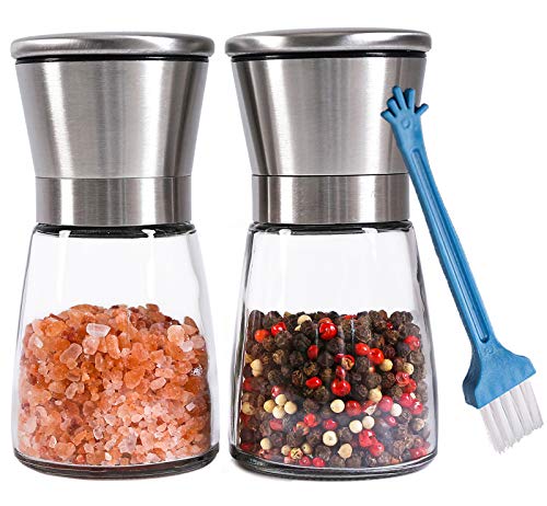 Book Cover Premium Salt and Pepper Grinder Set of 2 - Refillable Coarseness Adjustable Stainless Steel Salt and Pepper Mill Shakers With Lid 6 OZ Glass Body And Free Cleaning Brush