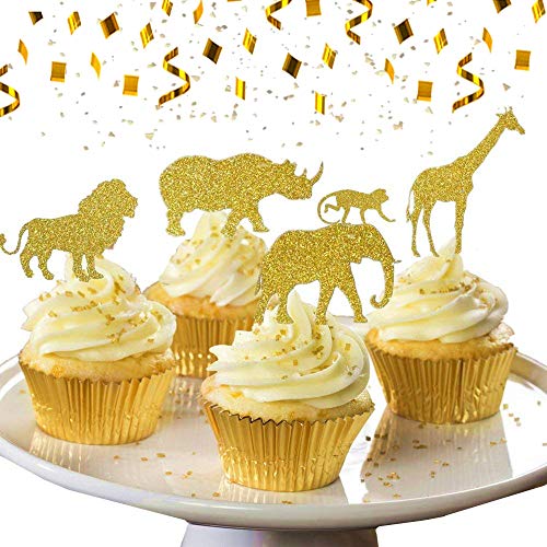 JeVenis 30 Pcs Gold Glitter Jungle Safari Animal Cupcake Toppers Jungle Animals Cake Decorations for Jungle safari Animals Party Baby Showers Birthday Party