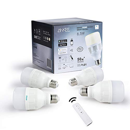 ANKEE Smart LED Light Bulb - E26 WiFi 6.5Watt Warm White Dimmable Group Light Bulbs, Controlled in Unison â€“ No Hub Required, Compatible with Alexa and Google Assistant (4 Pack)