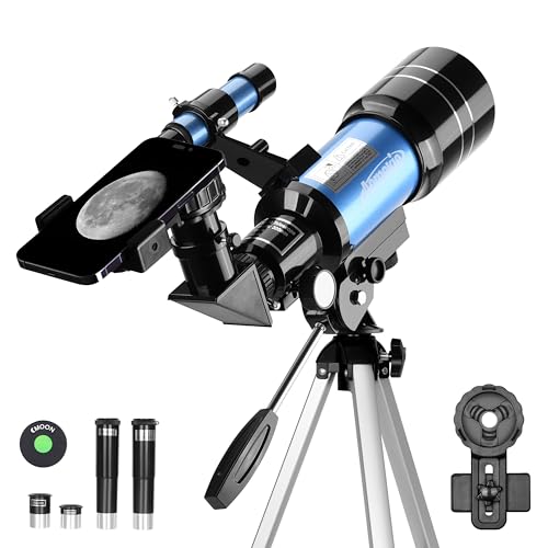 AOMEKIE 70/300 Portable Telescopes with Tabletop Tripod 2 Eyepieces for Kids and Astronomy Beginners with Finderscope and Smartphone Adapter Moon Filter 3X Barlow,Space,Gifts (150, x)