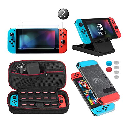 Keten 13 in 1 Switch Accessories Kit, Including Travel Carrying Case, NS Switch Clear Cover Case, Adjustable Stand, Tempered Glass Screen Protector (2 Packs)