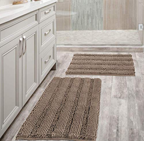Book Cover Extra Thick Chenille Striped Pattern Bath Rugs for Bathroom Non Slip - Soft Plush Shaggy Bath Mats for Bathroom Floor, Indoor Mats Rugs for Entryway (Taupe Brown, 32 x 20 Plus 24 x 17 - Inches)