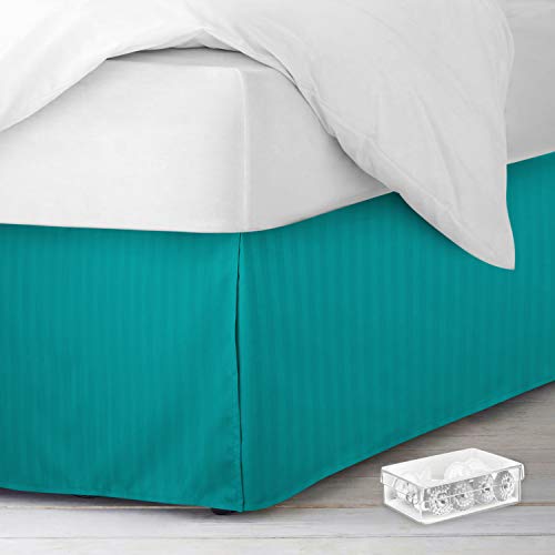Book Cover Nestl Queen Bed Skirt - Damask Dobby Stripe Wrap Around Bed Skirt Queen Size - Double Brushed Microfiber 14 in Tailored Drop Pleated Bed Ruffle with Bed Skirt Pins - Teal