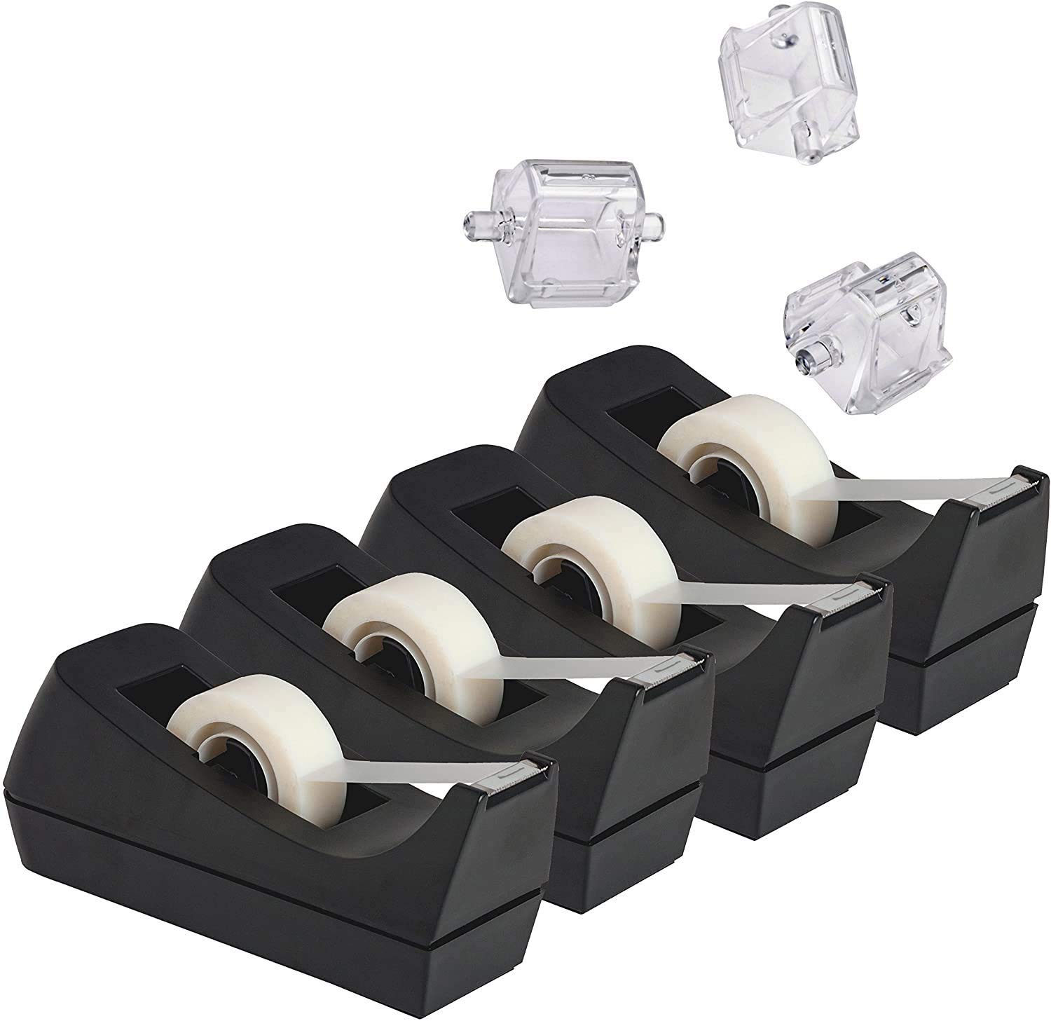 Desktop Tape Dispenser, 4-Pack, Non-Skid Base - with 3 Extra Tape Dispenser Replacement Core (Tape not Included), Perfect for Office, Home, School - Value Pack