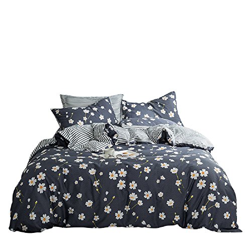 Jane yre Flower Print Kids Girls Bedding Floral Duvet Cover Set Twin Cotton Striped Reversible Pattern Navy Blue Teens Boys Bedding Sets Twin 3 PC Comforter Cover Sets with Zipper Closure