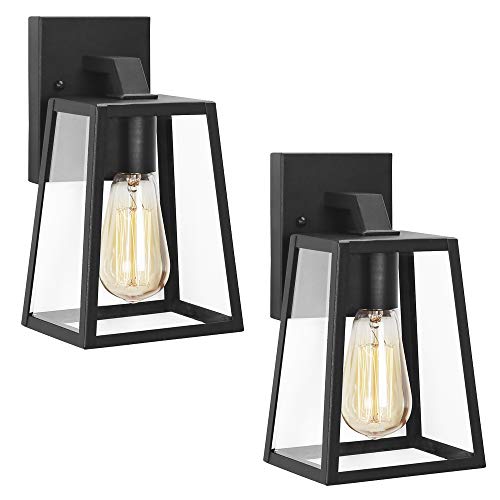 Emliviar Outdoor Wall Sconces 2 Pack, 1-Light Porch Lights Fixture, Black Finish with Clear Bevel Glass, OS-1803AW1-2PK